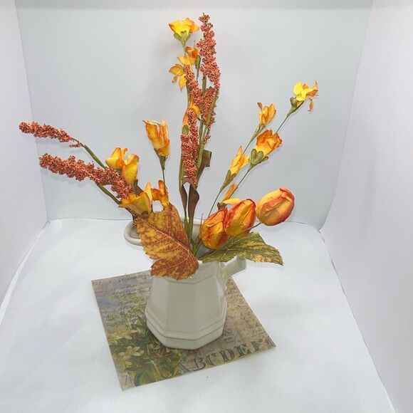 Farmhouse Cream Creamer Ceramic Pitcher with Fall Autumn Faux Flowers - Picture 1 of 13